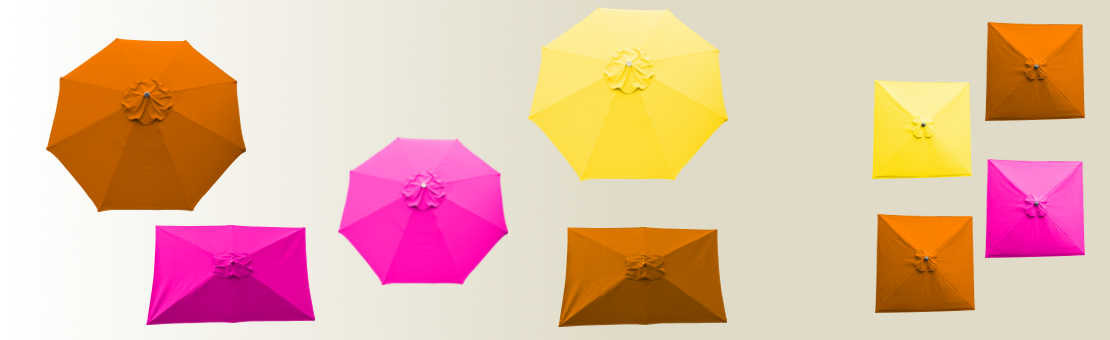 parasols et toiles de remplacement aux couleurs lumineuses et estivales : jaune, orange, rose